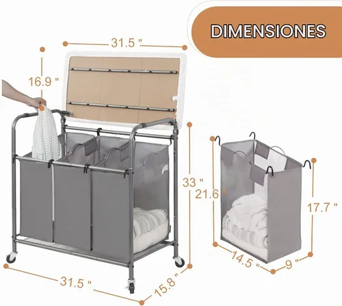 Vista 5 de STORAGE MANIAC - Clasificador de lavandería de 3 secciones con tabla de planchar plegable, carrito de lavandería resistente con ruedas y bolsas