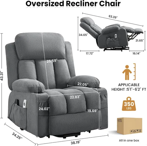 Vista 2 de Silla reclinable de gran tamaño con masaje y calor para ancianos, silla reclinable extra ancha con bolsillo lateral, silla elevadora eléctrica con 2