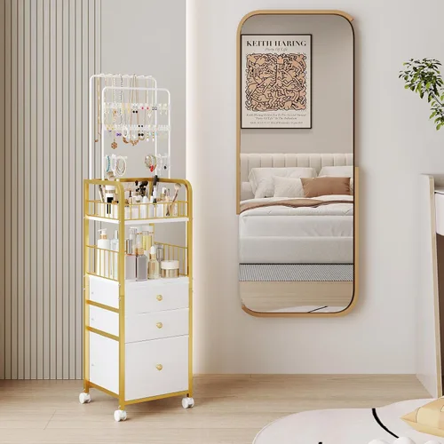 Vista 6 de Carrito organizador de maquillaje con 3 cajones, organizadores de joyas y almacenamiento para collar de aretes, organizador de almacenamiento grande