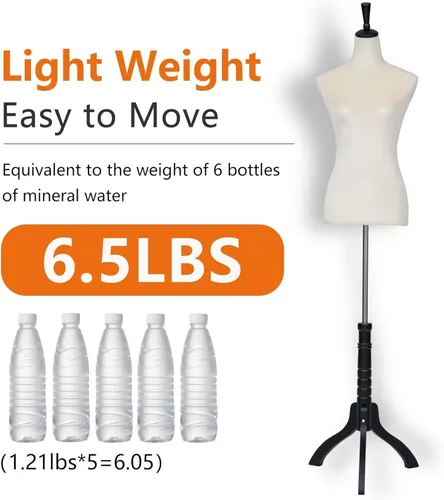 Vista 6 de Maniquí femenino con forma de vestido, torso de modelo de ropa, cuerpo de maniquí para exhibición, soporte de trípode ajustable de 53-67 pulgadas