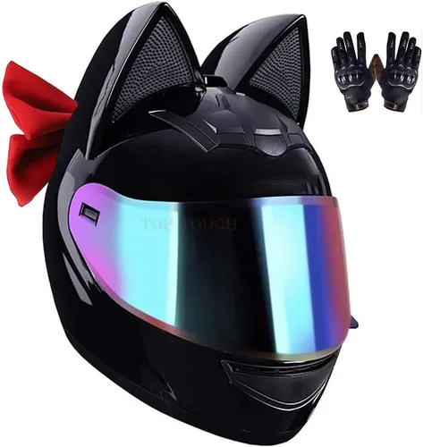 Vista 3 de Casco de motocicleta de moda con bonitas orejas de gato, elegante pajarita para mujer, casco personalizado cómodo de cara completa, transpirable 2