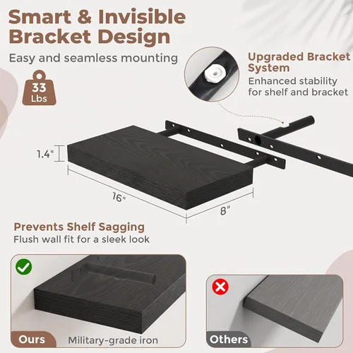Vista 3 de 16 Inch Floating Shelves for Wall 2 Pack, 8"D Wood Grain Bathroom Shelves Acabado negro