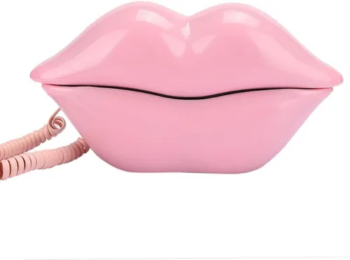 Vista 3 de Vikye Teléfono fijo, teléfono doméstico de estilo europeo, forma de labios rosados de moda, teléfono fijo de escritorio, teléfono creativo para uso