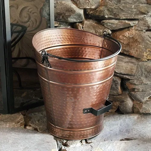 Vista 3 de Cubo grande de cobre para pellets de metal, carbón, chimenea, cenizas, con mango de hierro forjado, acabado antiguo, contenedor rústico duradero