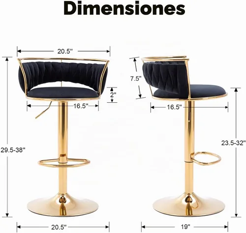 Vista 2 de HEAH-YO Juego de 2 taburetes de bar tejidos, taburetes de bar ajustables con respaldo y base dorada maciza, taburetes de cocina giratorios de Negro