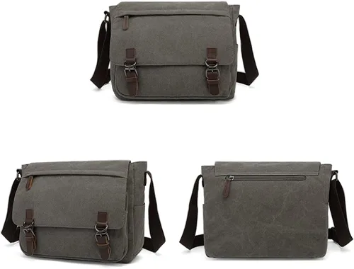 Vista 2 de Sechunk Canvas Leather Messenger Bag Bolso de hombro cruzado para laptop de 15 pulgadas