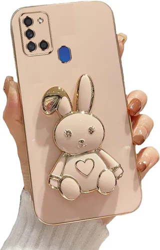 Vista 60 de Funda con soporte de conejo de corazón para Samsung Galaxy A10, cubierta protectora de TPU suave galvanizada a prueba de golpes con bonito soporte