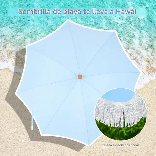 Vista 8 de Sombrilla de playa para patio de 7 pies con flecos, sombrilla para exteriores junto a la piscina, azul