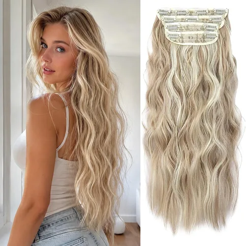 Vista 25 de Extensiones de cabello con clip, extensiones de cabello sintético ondulado de 14 pulgadas con clip (color: 22H10#)
