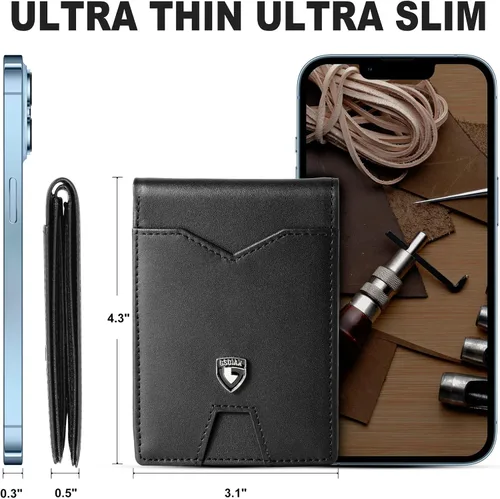 Vista 5 de GSOIAX Billetera delgada para hombre minimalista de cuero genuino fibra de carbono con bloqueo RFID de cuero vacuno plegable con caja de regalo