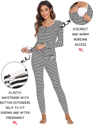 Vista 3 de Ekouaer Pijama de lactancia de maternidad para parto, pijama de manga larga, conjunto de ropa interior térmica