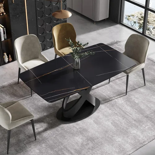Vista 8 de Mesa de comedor moderna, mesa de piedra sinterizada blanca antigua con base de acero al carbono sólido en forma de X negra, mesa de comedor Blanco