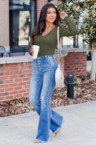 Vista 3 de VICHYIE Ropa de otoño para mujer, cuello en V, manga larga, acanalada, ajustada, ajustada