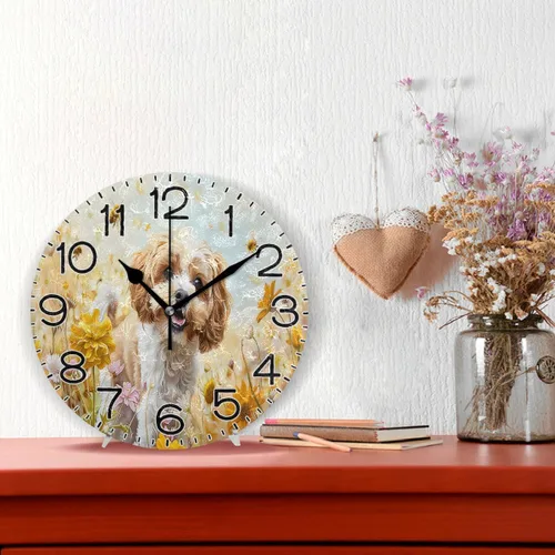 Vista 2 de ALAZA A Cockapoo - Reloj de pared con diseño de flores de perro, funciona con pilas, sin tictac, de cuarzo, analógico, rústico, rústico, reloj