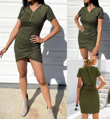Vista 4 de BTFBM Vestidos cortos para mujeres, estilo casual de cuello en V, manga corta, vestido entallado y fruncido con botones, de verano