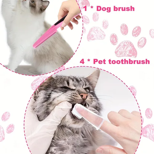 Vista 3 de 10 in 1 Pet Grooming Kit Dog Cat Self Cleaning Slicker Brush Set with Nail Clipper File Flea Comb Finger Toothbrushes for Small Pets