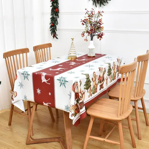 Vista 6 de Mantel de Navidad de vinilo resistente rojo de 54x54 pulgadas, mantel rectangular de Navidad, mantel de PVC reutilizable, impermeable, plegable