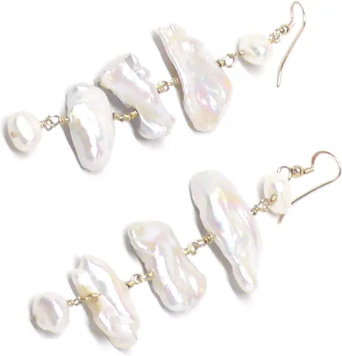 Vista 4 de Large White Kishi Biwa Cultured Freshwater Pearl Dangle Earrings Sterling Silver Gold-Filled