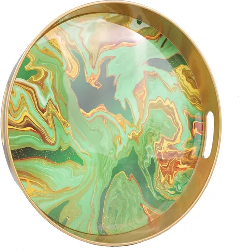 Vista 10 de Bandeja decorativa redonda de mármol blanco con asas, bandeja de servir moderna de plástico de 13" para mesa de café, baño, otomano, decoración