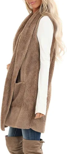 Vista 3 de ReachMe Chaleco de sherpa sin mangas para mujer con bolsillos con solapa frontal abierto de forro polar, suéter mullido