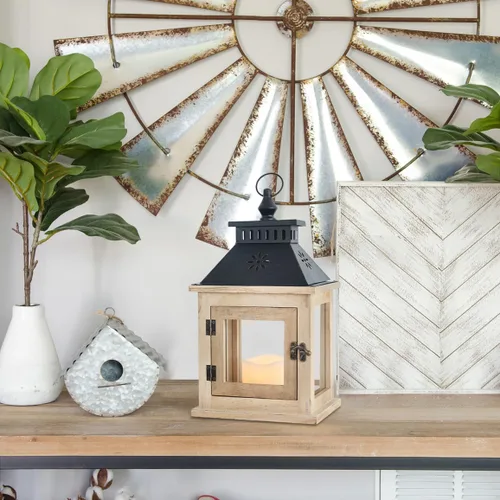 Vista 8 de NEEDOMO Farol de vela de madera de 13 pulgadas para interiores, centro de mesa grande decorativo al aire libre, candelabros rústicos colgantes