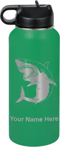 Vista 30 de LaserGram Botella de agua personalizada, gran tiburón blanco, acero inoxidable de doble pared aislada al vacío con popote superior, regalo grabado