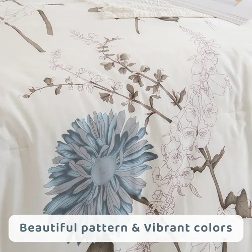 Vista 6 de QSH Sábanas 100% Algodón para Cama Tamaño King, Patrón de Plantas Florales Blancas Botánicas de Lujo de Algodón con Estampado Floral Ropa de Cama
