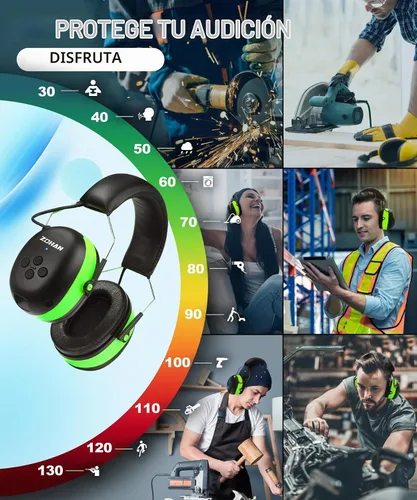 Vista 7 de ZOHAN 037 Auriculares de protección auditiva Bluetooth con batería recargable de 1500 mAh, NRR 25dB reducción de ruido orejeras con 40 horas de Verde
