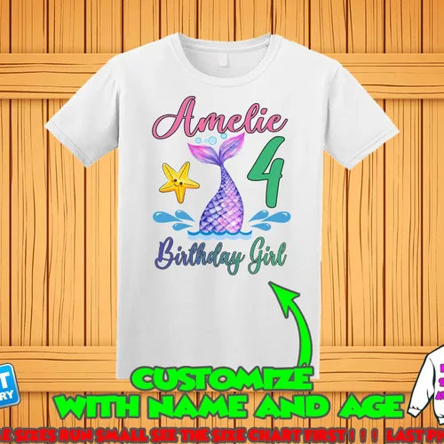 Vista 4 de Camisa de cumpleaños de sirena, camiseta personalizada con cola de sirena, camiseta de sirena personalizada, camisas familiares de sirena, camisetas