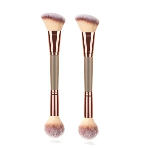 Vista 7 de 2 brochas de maquillaje de doble punta para contornear mezcla y bronceado, cepillo de base en ángulo y cepillo corrector Premium Luxe Hair para una