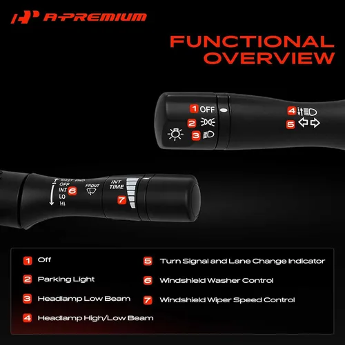Vista 3 de Interruptor de señal de giro A-Premium, atenuador de faros, luz de estacionamiento, conjunto de palanca del interruptor de limpiaparabrisas