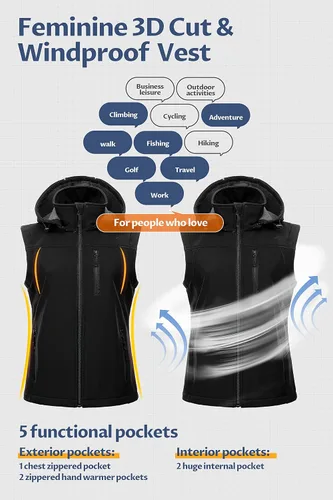 Vista 5 de CREATMO US Chaleco Softshell ligero para mujer, chaqueta cortavientos sin mangas con capucha extraíble