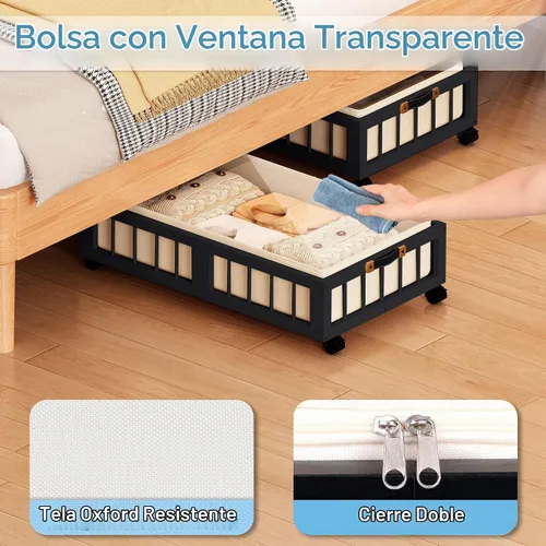 Vista 7 de efluky Paquete de 2 contenedores de almacenamiento de bambú debajo de la cama con ruedas, cesta de almacenamiento de ropa debajo de la cama con Negro