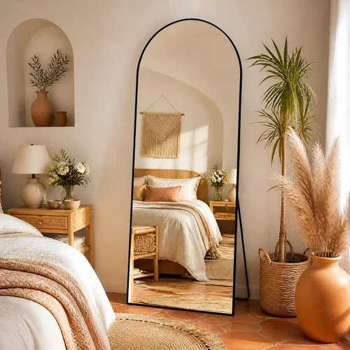 Vista 9 de Espejo de Cuerpo Entero 56"x21" - Espejo de Cuerpo Arqueado de Pie con Marco de Aluminio, Inclinado/Colgante para Dormitorio Vestidor Sala de Estar