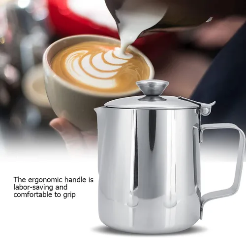 Vista 2 de Gavigain Taza de café de acero inoxidable jarra de espuma de leche con tapa para arte de café con leche (33.8 fl oz)