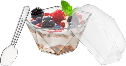 Vista 4 de Foraineam Paquete de 100 tazas de postre con 100 tapas y 100 cucharas, 3.7 onzas, vasos de plástico transparente para parfait, desechables