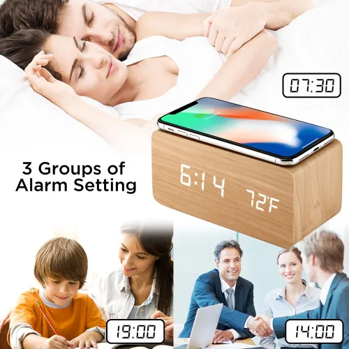 Vista 11 de OCT17 Reloj despertador con almohadilla de carga inalámbrica Qi, compatible con iPhone, Samsung, reloj digital LED de madera, función de control