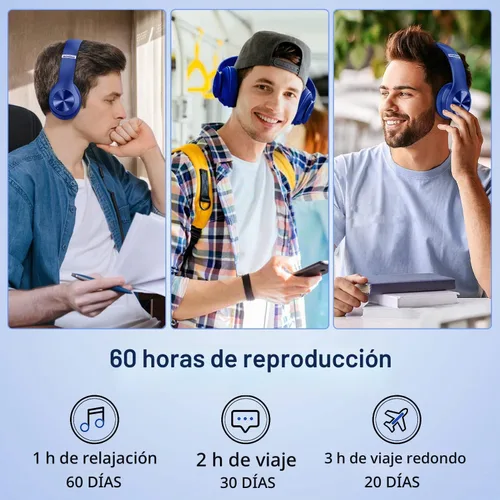 Vista 2 de 9S - Auriculares inalámbricos sobre la oreja Bluetooth, 60 horas de reproducción, estéreo Hi-Fi, 6 modos de EQ, micrófono incorporado, diseño Negro