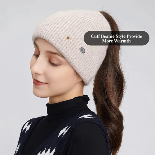 Vista 2 de Somaler Gorro para mujer de cola de caballo con agujero de cola de caballo caliente de punto de invierno Beanie Beanie Beanie Bun
