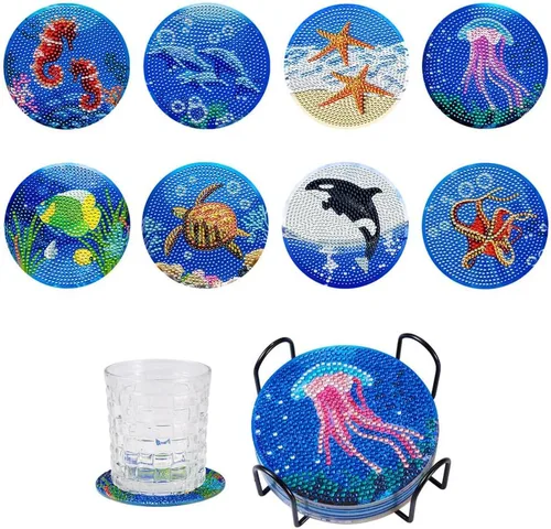 Vista 10 de FASHEWELRY 8 posavasos de arte de diamante con soporte para abejas, kit de posavasos de pintura de diamantes para bebidas, kits de arte de diamantes