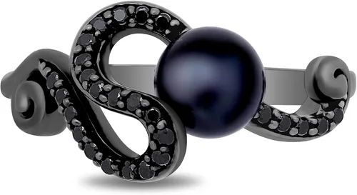 Vista 2 de Jewelili Enchanted Disney Fine Jewelry - Anillo de plata de ley con rodio negro sobre plata de ley de 0.256 in, perla redonda negra y 15 quilates
