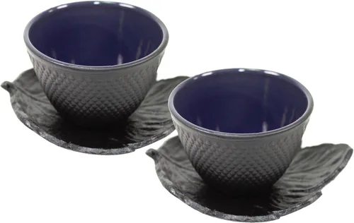 Vista 2 de Juego de tazas de té japonesas de hierro fundido con lunares negros con platillos de taza de té ~ We Pay Your Sales Tax (1 taza + 1 platillo)