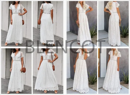 Vista 2 de Blencot - Vestido largo casual bohemio de noche cuello en V de encaje y estampado floral para mujeres vestido largo para bodas cóctel y fiesta