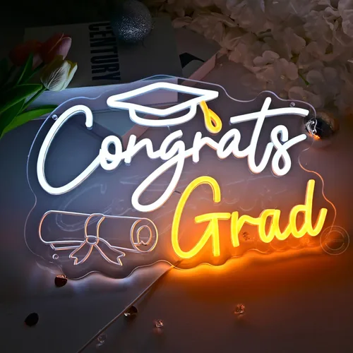 Vista 6 de Britrio Letrero de neón con texto en inglés "Congrats Grad" para graduación, celebración, fiesta, decoración iluminada, clase de 2026