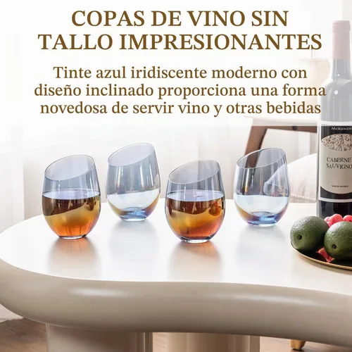 Vista 2 de MyGift Copas de vino modernas de 14 onzas sin tallo de vidrio azul iridiscente con borde en ángulo, cristalería transparente con tinte de brillo