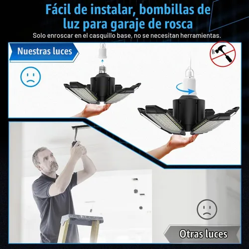Vista 5 de Luz de Garaje – Bombilla de garaje súper brillante de 15000LM, equivalente a 150 W, rosca E26 con 6 paneles deformables, 6500K, luces LED de taller