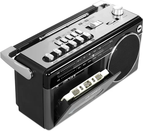 Vista 3 de Victrola Mini Boombox Bluetooth con reproductor de cassette, grabadora y radio Am/FM, gris