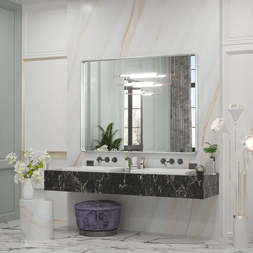 Vista 190 de TETOTE Espejo de marco dorado cepillado de 16 x 24 pulgadas, espejo de tocador de baño de latón dorado para pared, espejo enmarcado rectangular