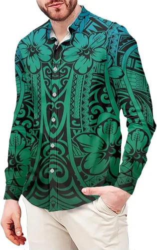 Vista 19 de Camisas polinesias para hombre con patrones de hojas tropicales polinesias, camisa hawaiana de manga larga para hombre, ropa de vacaciones de otoño