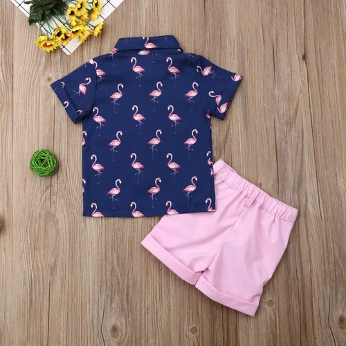 Vista 3 de Conjunto de camisa de manga corta con botones y pantalones cortos casuales con diseño de flamingo, para bebés y niños de 1 a 6 años, atuendos
